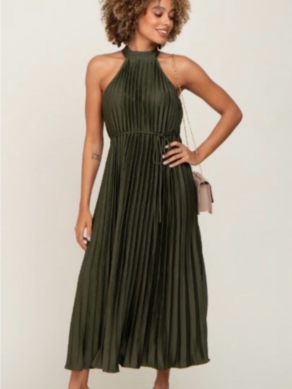 Pleated Halter Maxi Dress in Olive Green